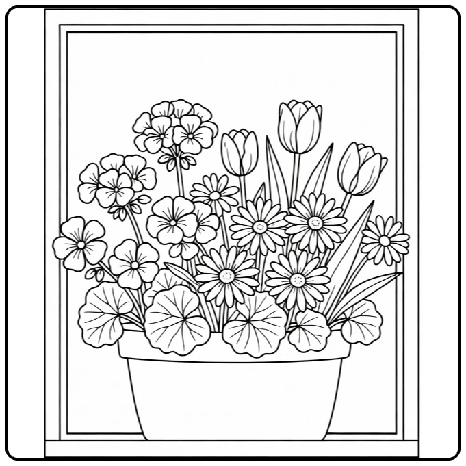 moederdag bloemen kleurplaat met geraniums madeliefjes tulpen