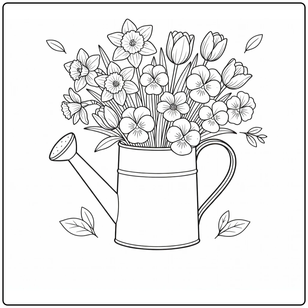 moederdag bloemen kleurplaat gieter met narcissen tulpen