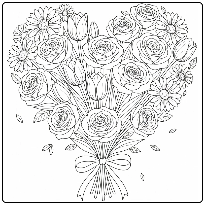 Moederdag bloemen kleurplaat hartvormig boeket rozen tulpen
