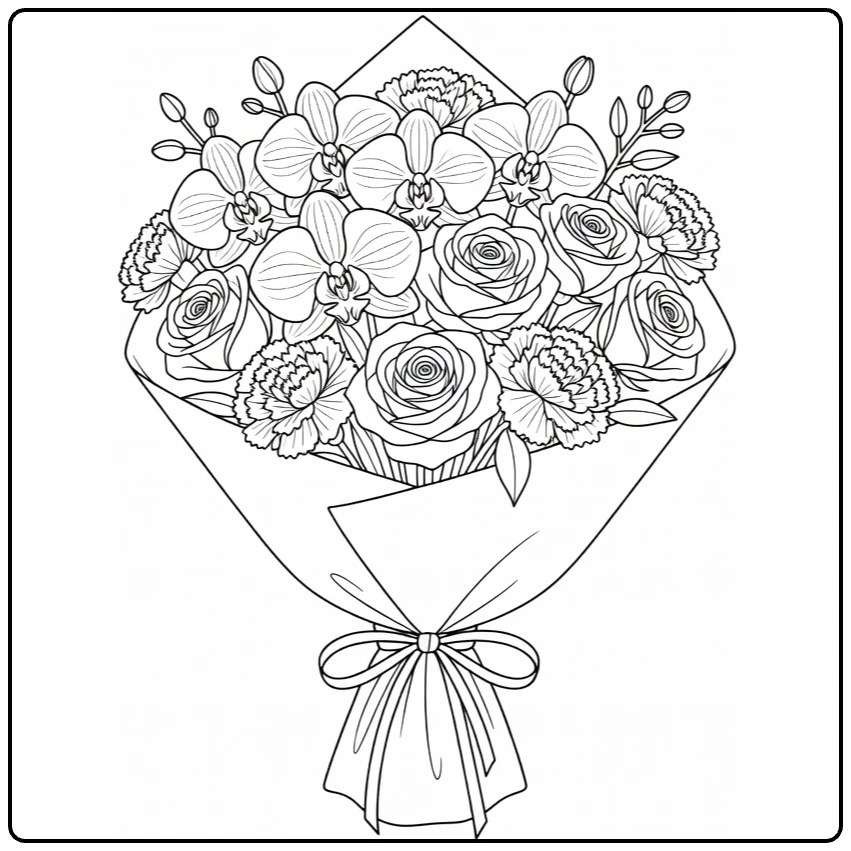 moederdag bloemen kleurplaat met orchideeën rozen en anjers
