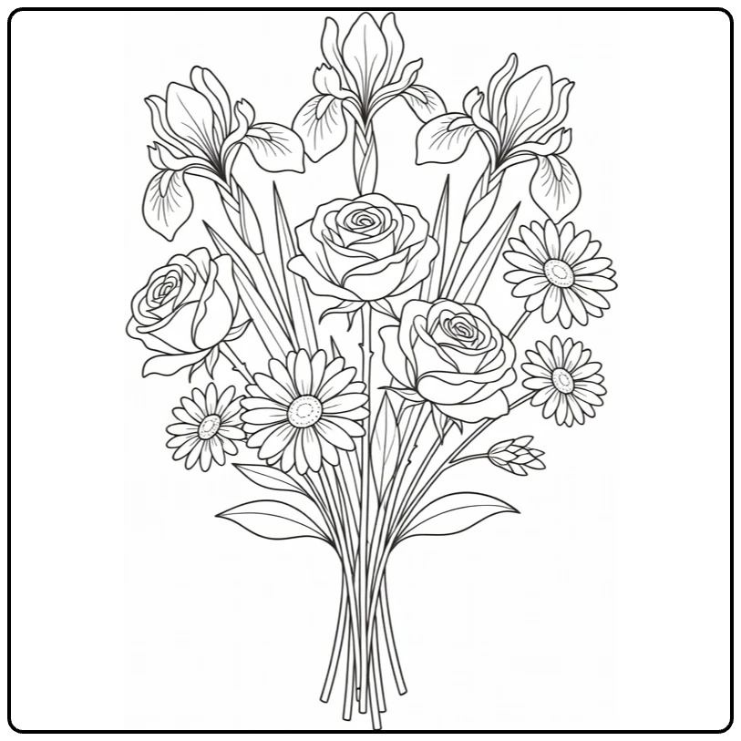 moederdag bloemen kleurplaat boeket irissen rozen margrieten