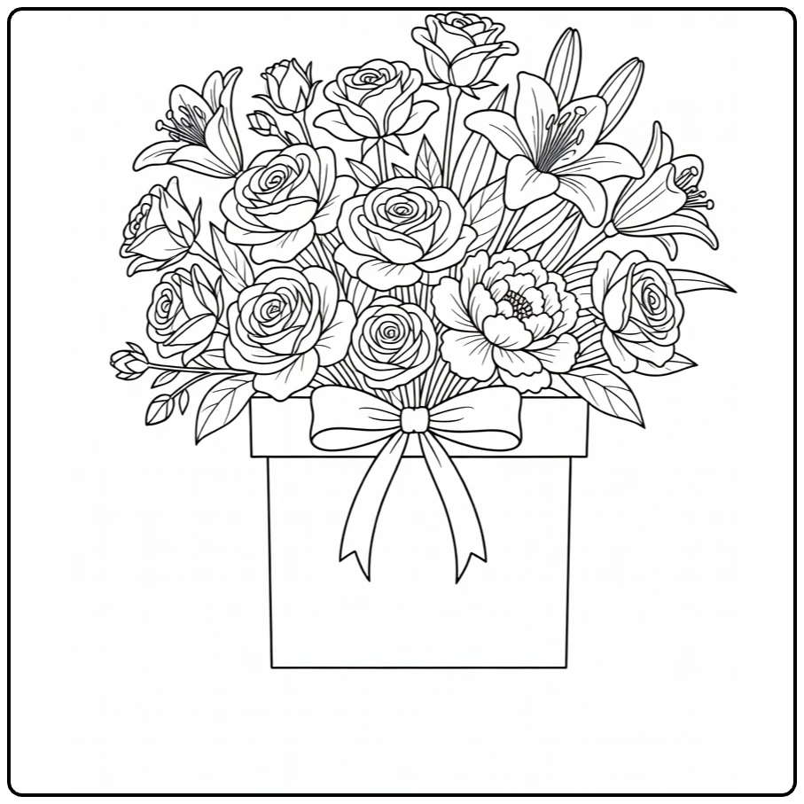 moederdag bloemen kleurplaat met giftbox vol rozen en lelies