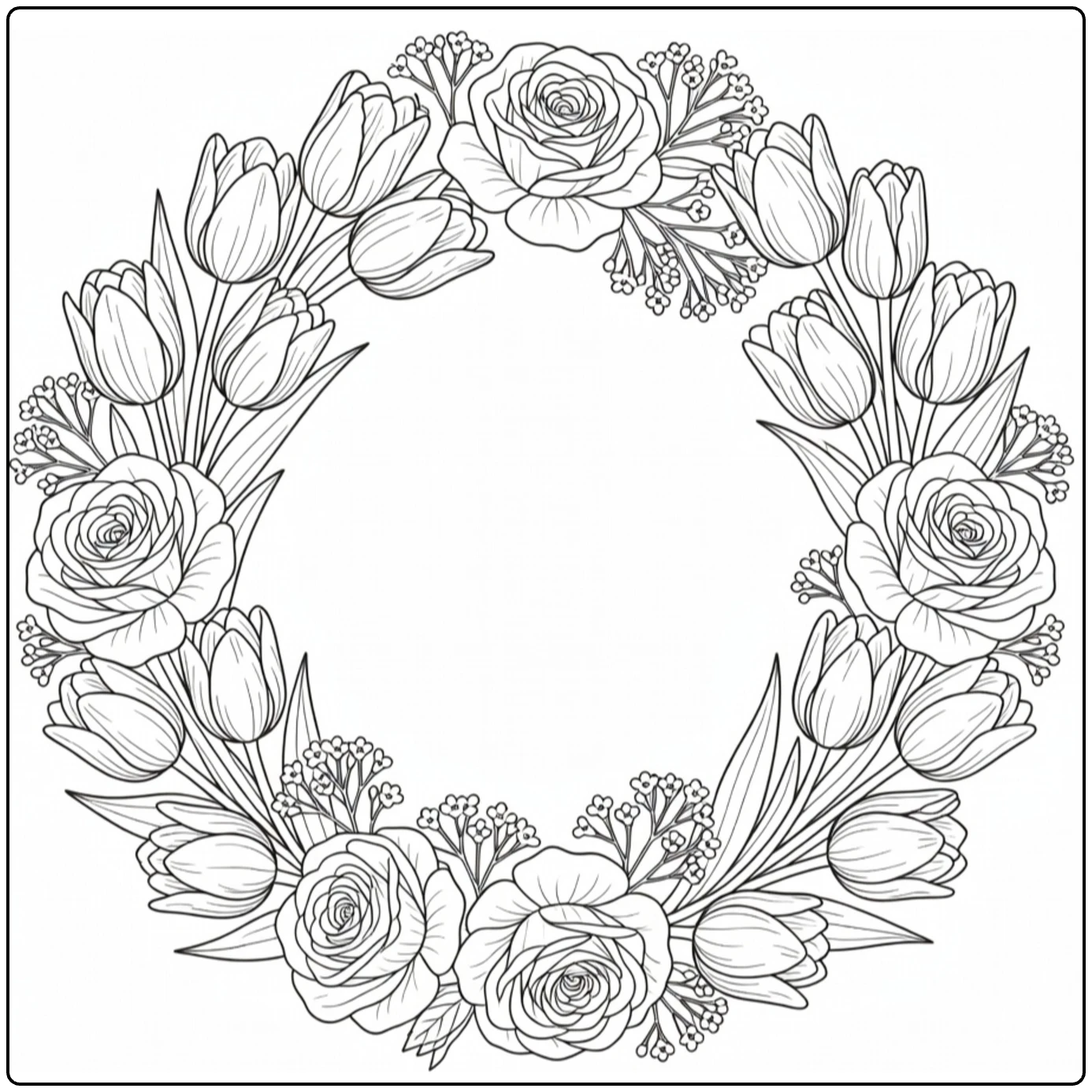 moederdag bloemen kleurplaat met tulpen rozen krans