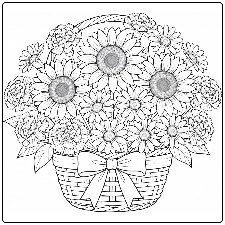 moederdag bloemen kleurplaat met bloemenmand en strik