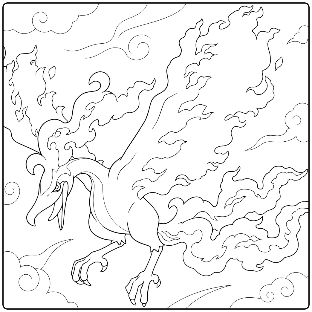 Moltres Galarian Form Kleurplaat met vlammen en wolken
