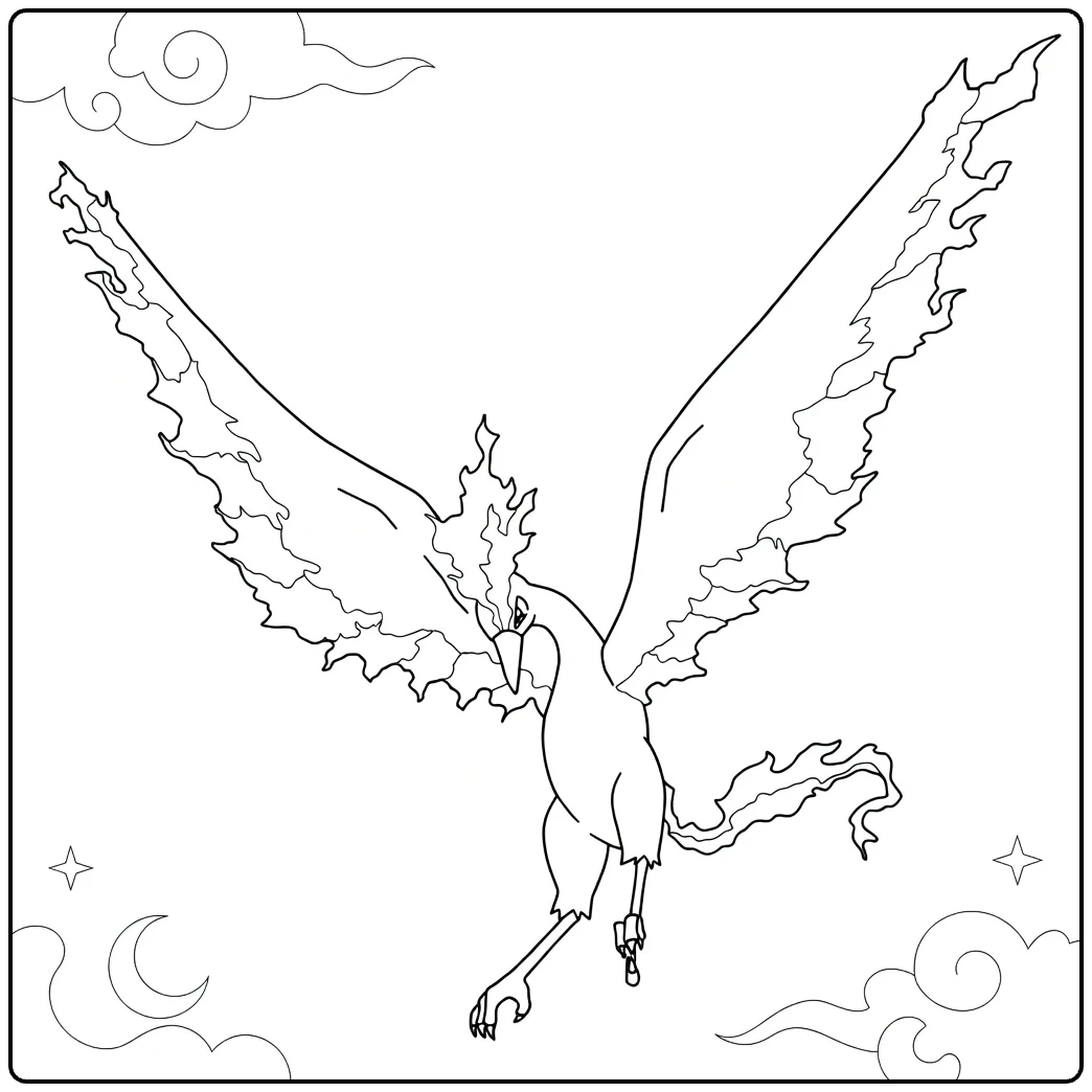 Moltres Kleurplaat met vlammende vleugels en maan