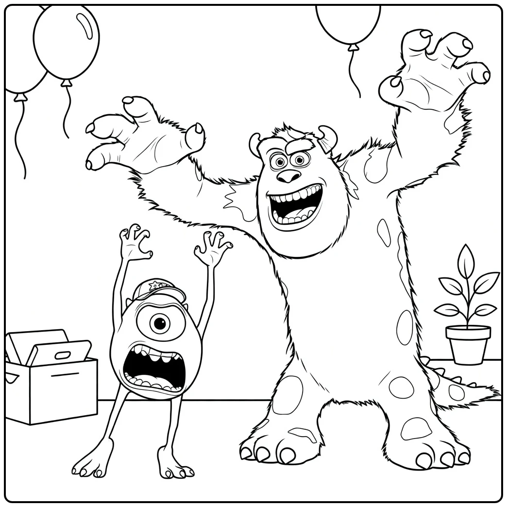 Monsters En Co Kleurplaat Sulley met ballonnen Mike