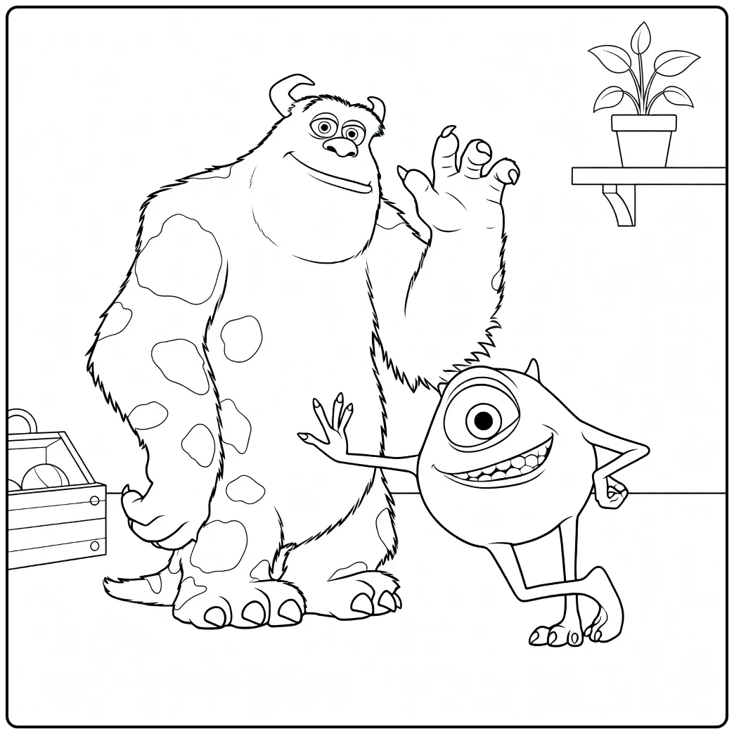 Monsters En Co Kleurplaat: Sulley en Mike zwaaien vrolijk