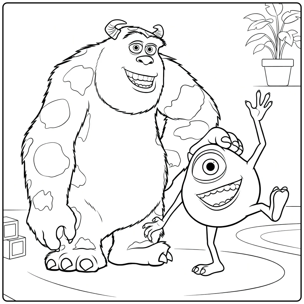 Monsters En Co Kleurplaat: Sully en Mike Wazowski dansen vrolijk