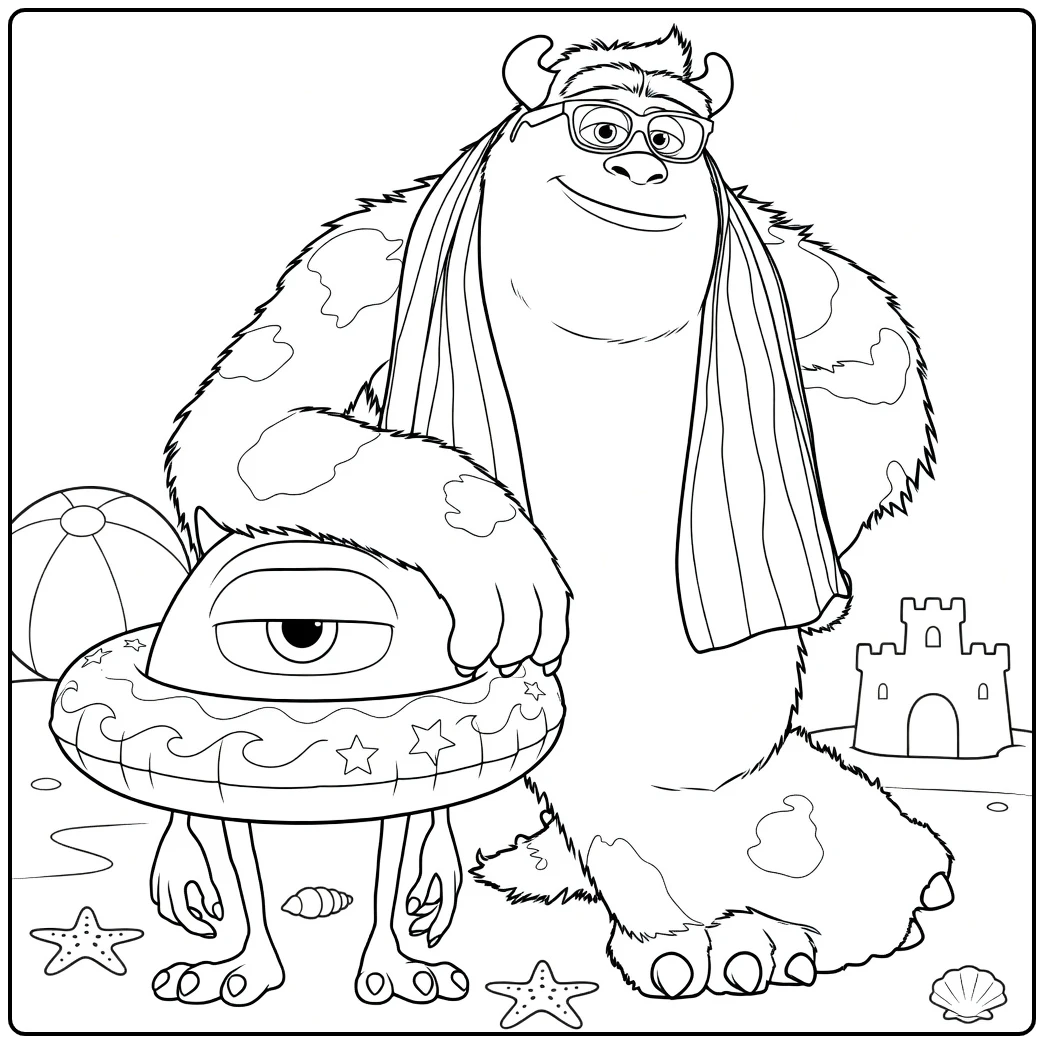 Monsters En Co Kleurplaat: Sulley en Mike op strand