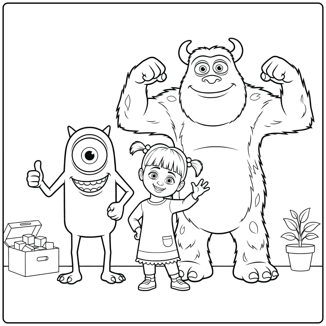 Monsters En Co Kleurplaat met Mike duim omhoog, Boo & Sulley