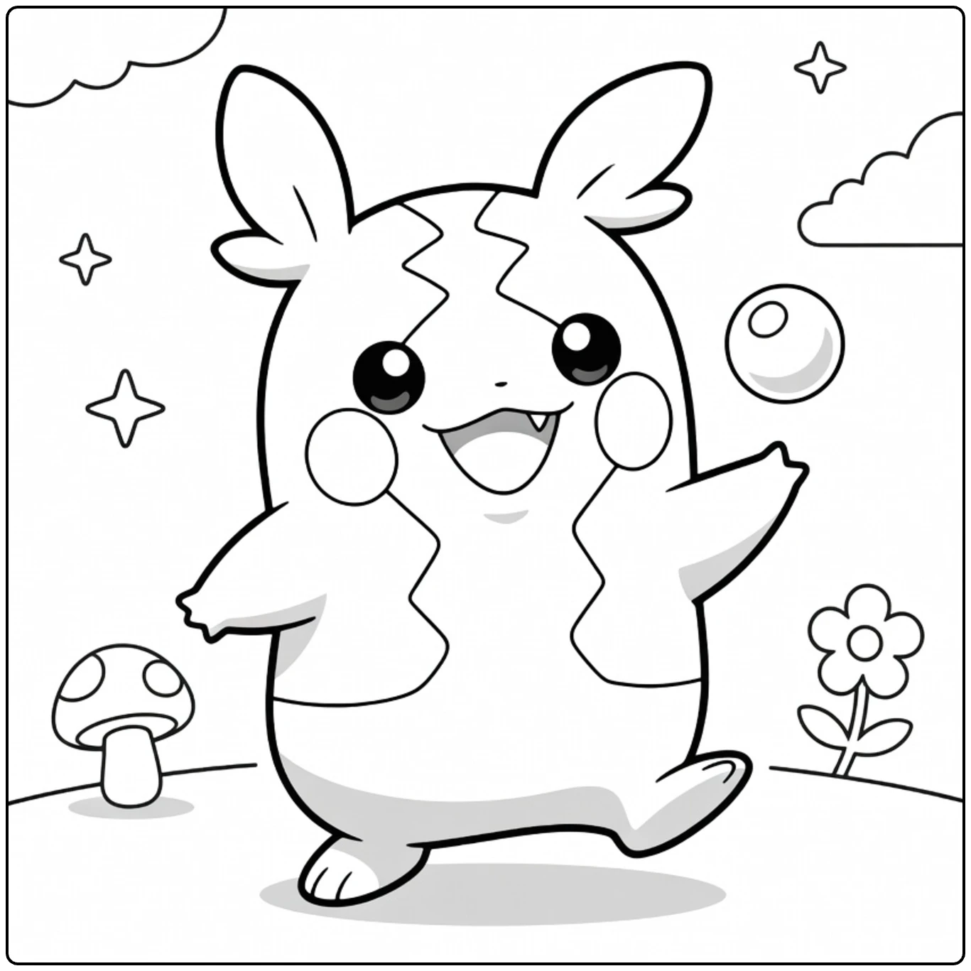 Morpeko Kleurplaat: schattig Pokémon springt met bes, paddestoel