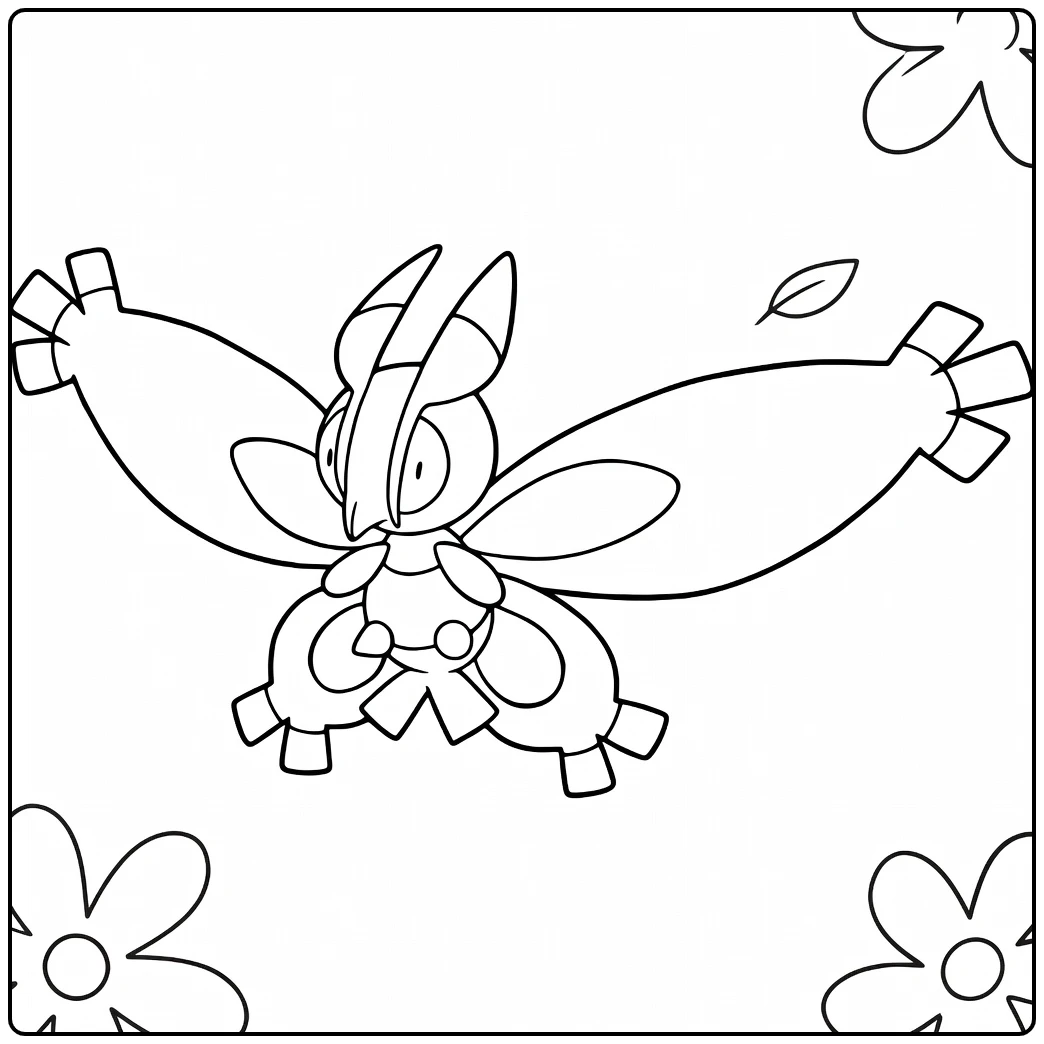 Mothim Kleurplaat: Pokémon Mothim vliegend met bloemen