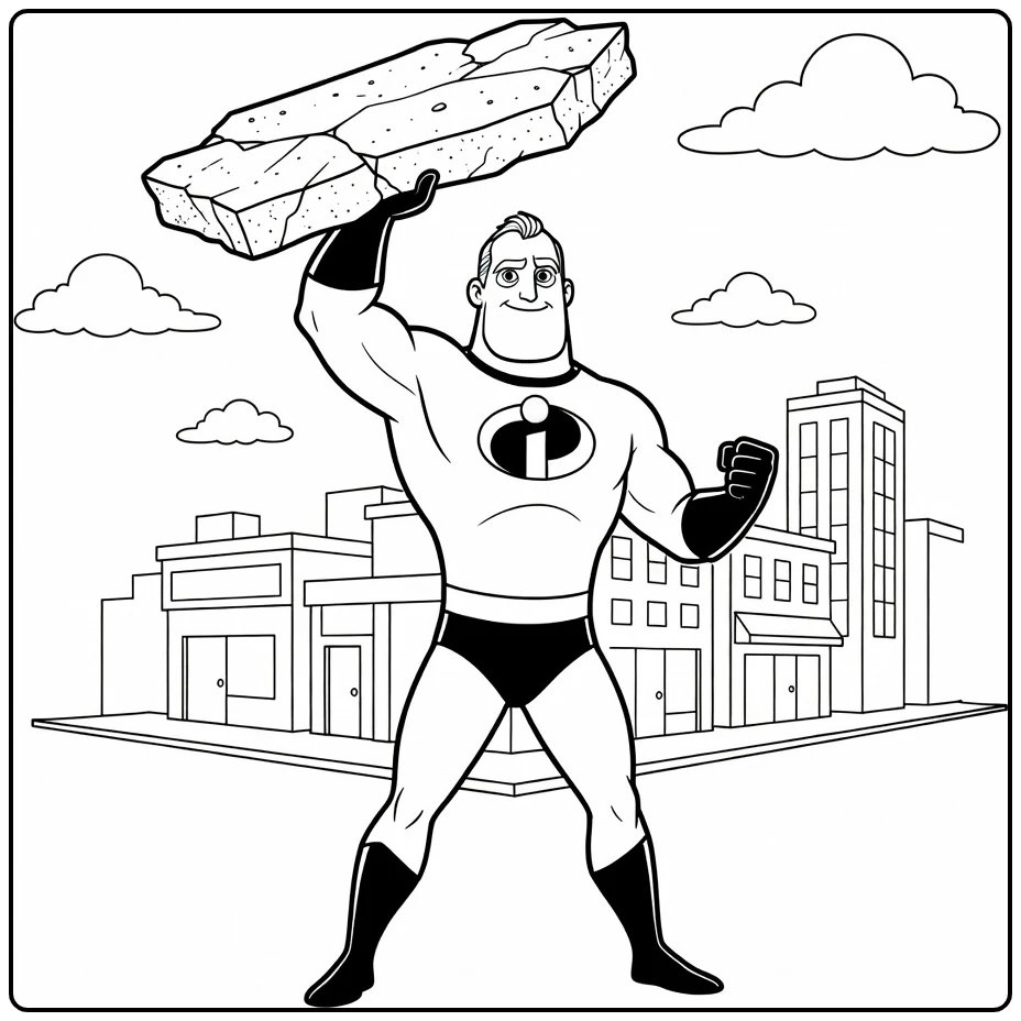 Mr. Incredible Kleurplaat heldhaftig bij stadshoek