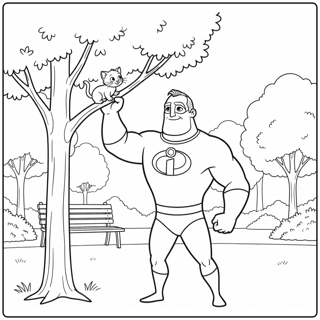 Mr. Incredible Kleurplaat held redt kitten uit boom in park
