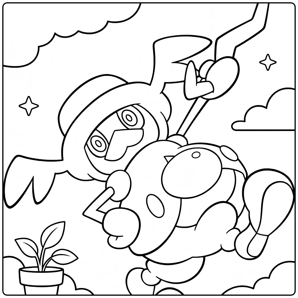 Mr. Rime Kleurplaat: schommelende Pokémon met hoed en wolken