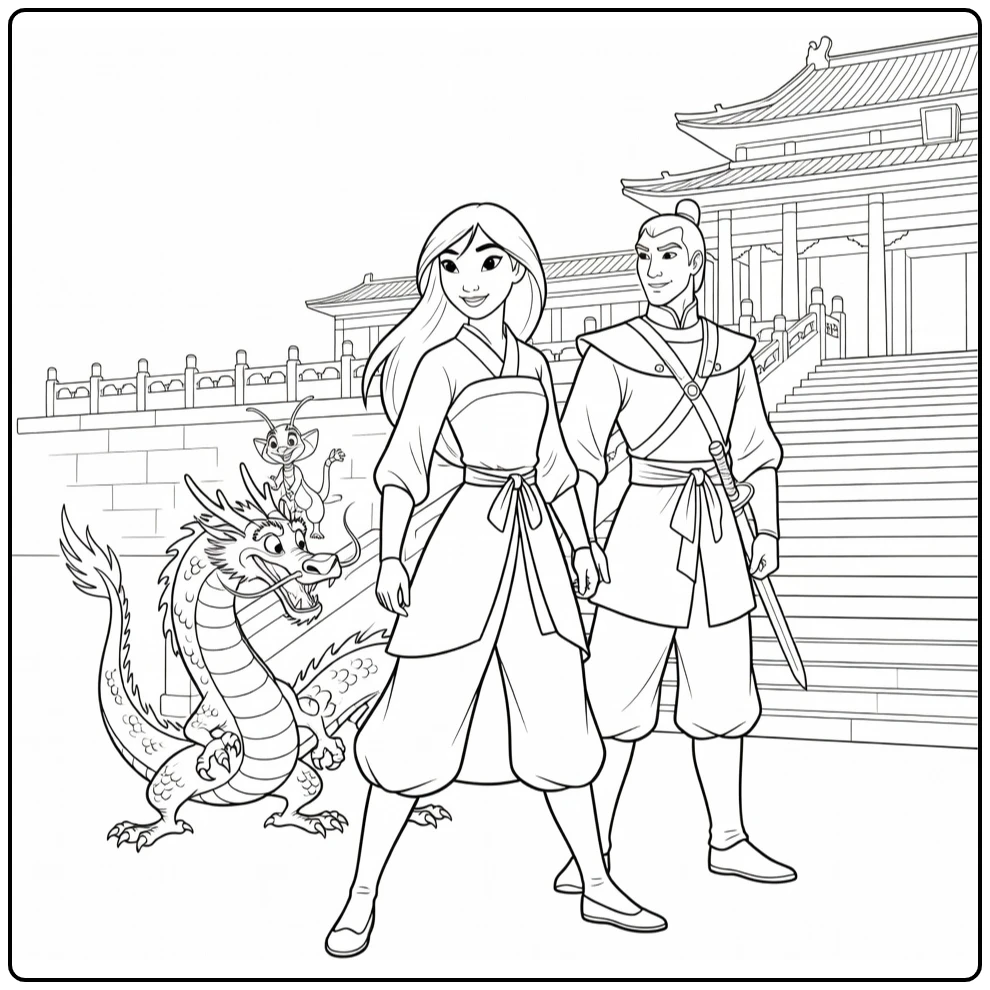 Mulan kleurplaat: Mulan heroïsch met Li Shang, Mushu, Cri-Kee