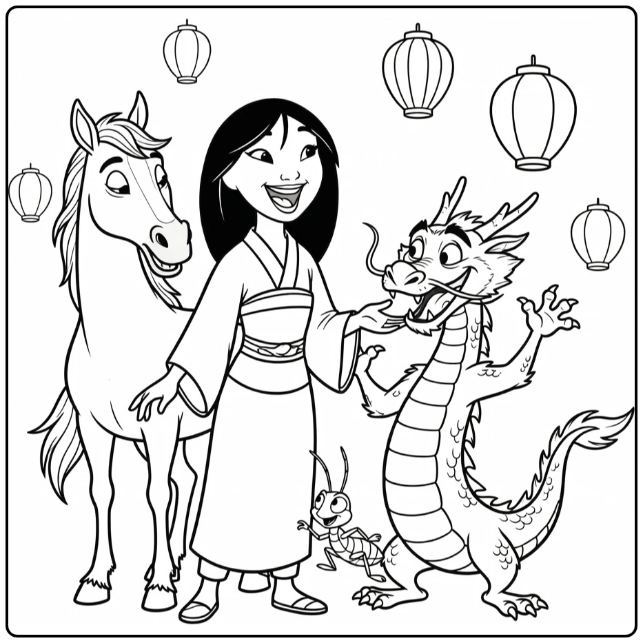 Mulan kleurplaat: Mulan lacht met Mushu, Cri-Kee, Khan feest
