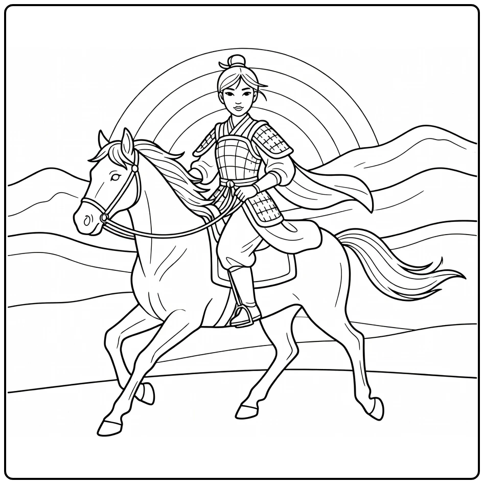 Mulan kleurplaat: op paard bij zonsopgang heuvels