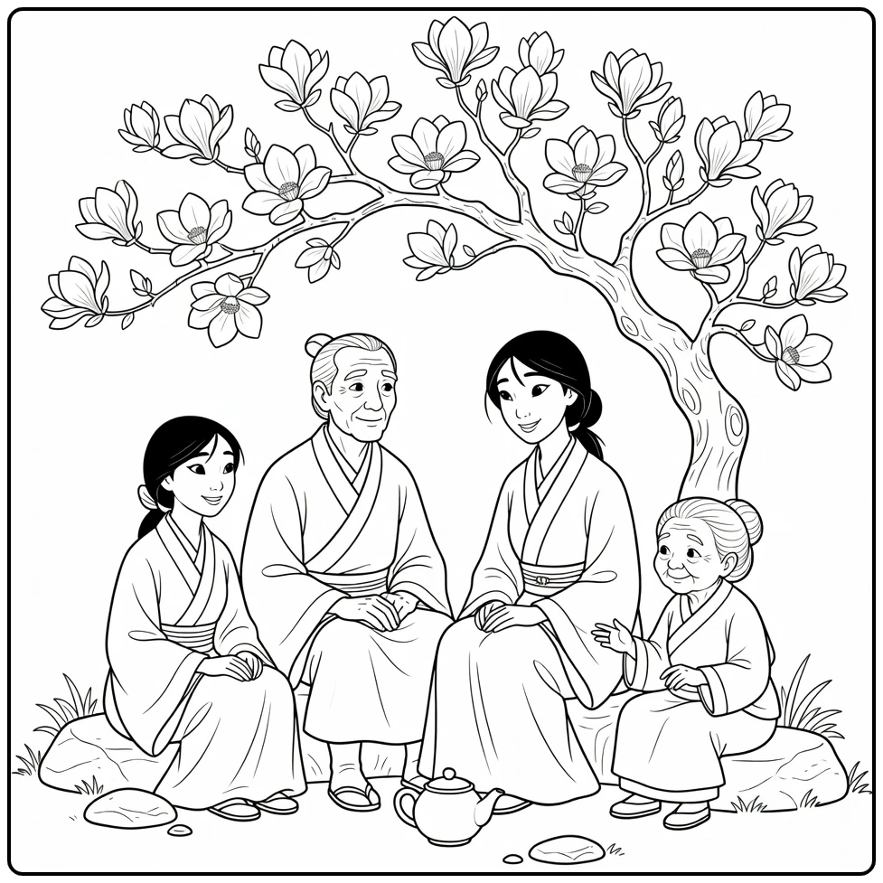 Mulan kleurplaat: familie onder bloeiende magnoliaboom
