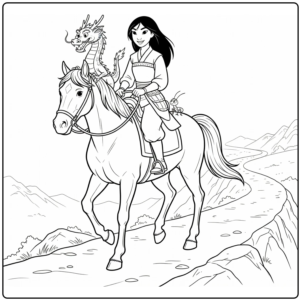 Mulan kleurplaat: Mulan op Khan met Mushu op bergpad