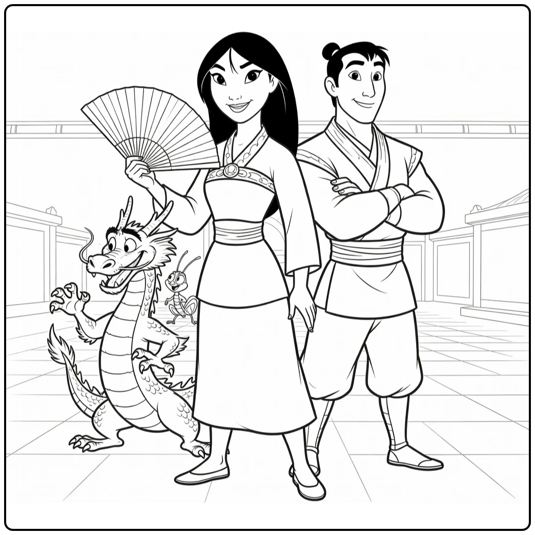 Mulan kleurplaat: Mulan met waaier, Shang, Mushu, Cri-Kee in hof