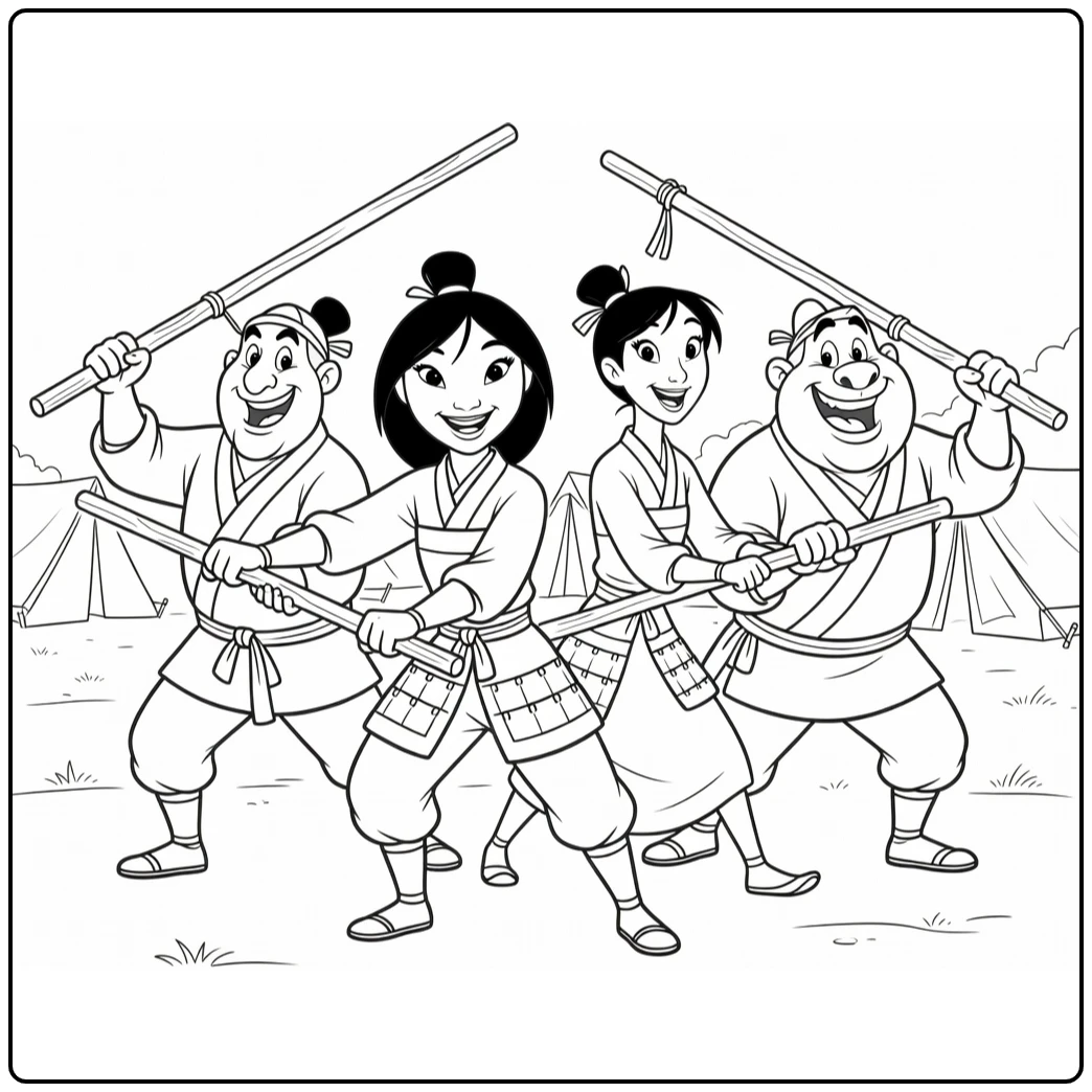 Mulan kleurplaat: Mulan, Yao, Ling & Chien-Po op stokken