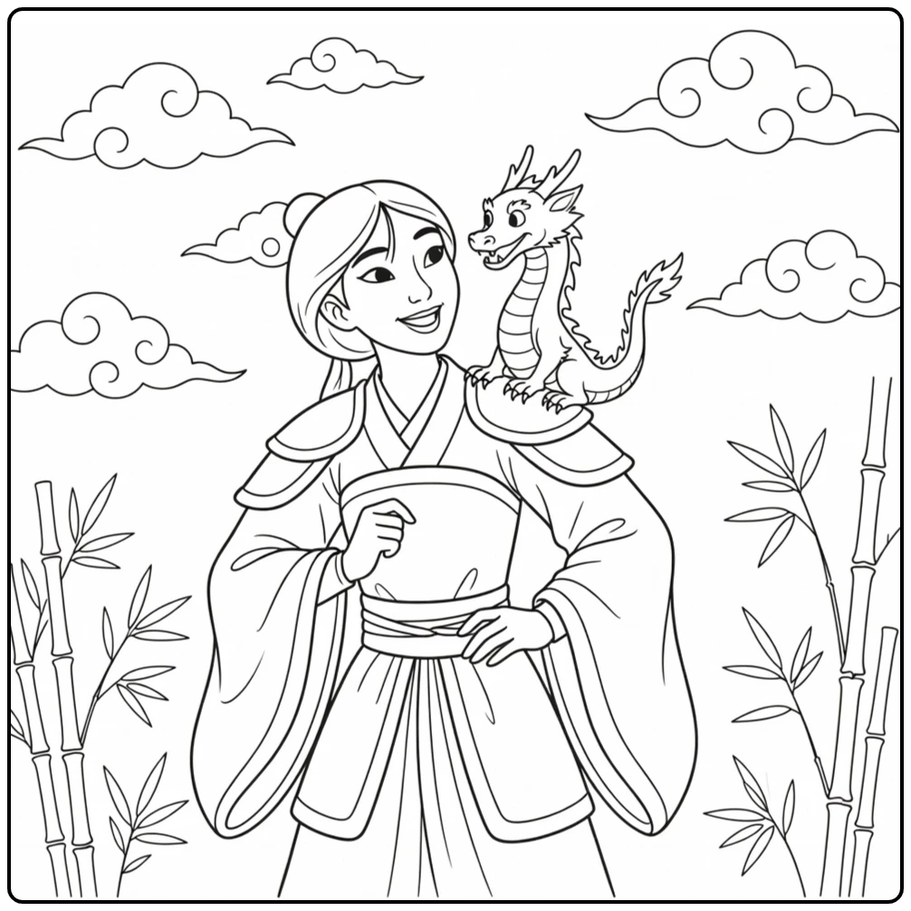 Mulan kleurplaat: blije Mulan met draakje