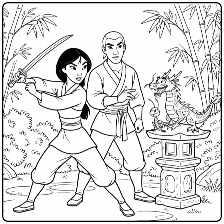 mulan kleurplaat: Mulan zwaardtraining met Li Shang in tuin