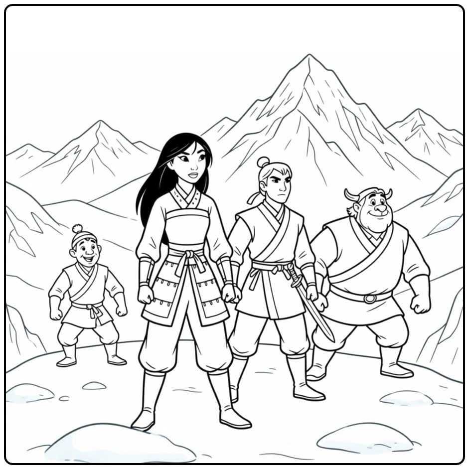 Mulan kleurplaat: met Li Shang, Yao, Chien-Po op sneeuwheuvel