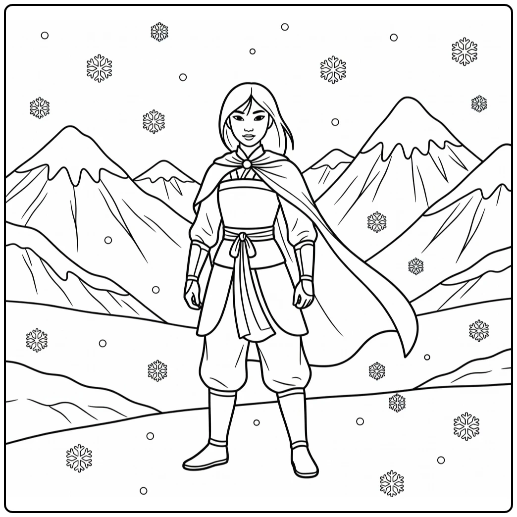 Mulan kleurplaat in besneeuwde bergen met wapperende cape