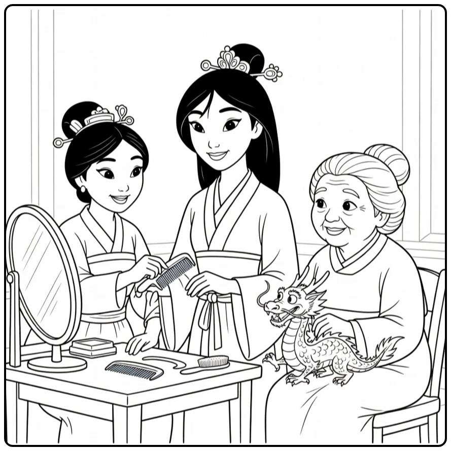 Mulan kleurplaat: Mulan met Fa Li, Grootmoeder Fa, Mushu bij spiegel