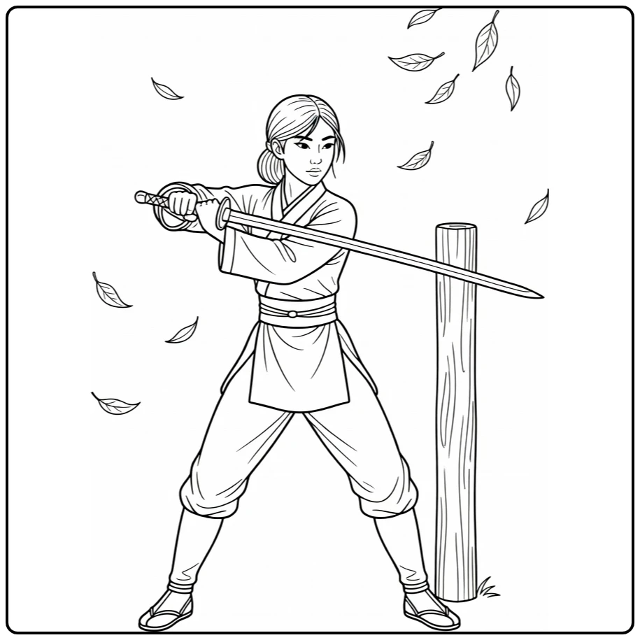 Mulan kleurplaat: zwaardtraining met paal en bladeren