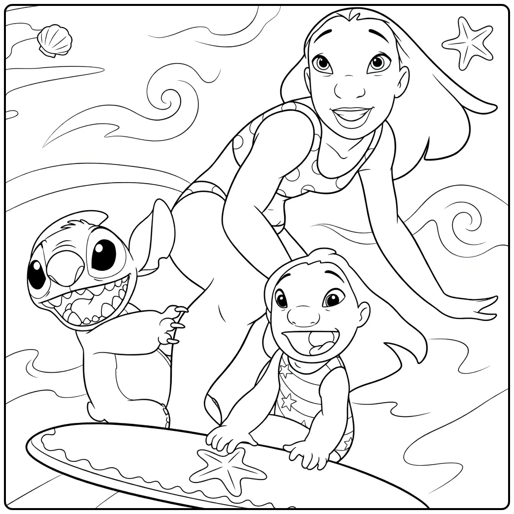 Nani Lilo Kleurplaat met Stitch op surfplank
