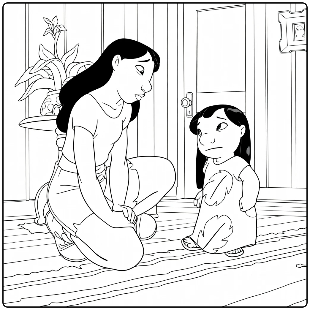 Nani Lilo Kleurplaat van Nani en verdrietige Lilo