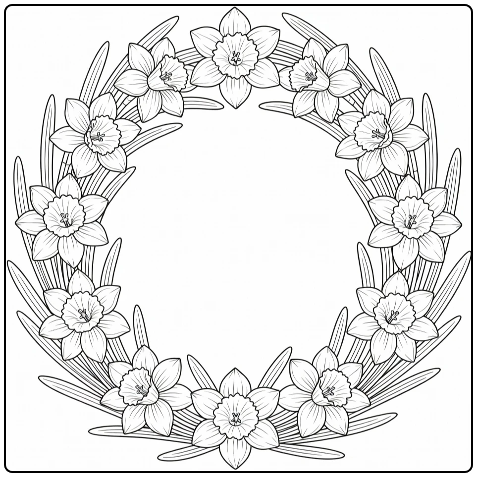 Narcis kleurplaat met lente krans van narcissen