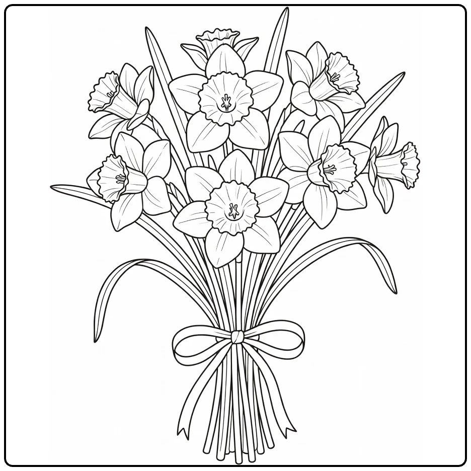 Narcis kleurplaat met boeket narcissen en lint