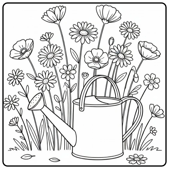 Prachtige veld bloemen kleurplaat met gieter naast bloemen