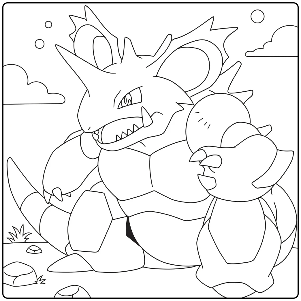 Nidoking Kleurplaat: woeste Pokémon met hoorns en klauwen