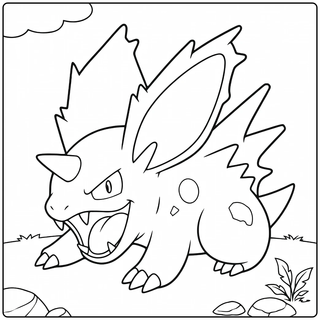 Nidoran♂ Kleurplaat: brullende Pokémon met hoorn en spikes