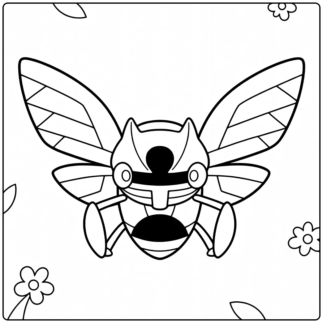 Ninjask kleurplaat: Pokémon cicade met vleugels en bloemen
