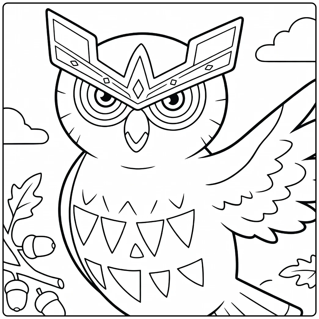 Noctowl Kleurplaat Halloween: uil met pompoen eikels