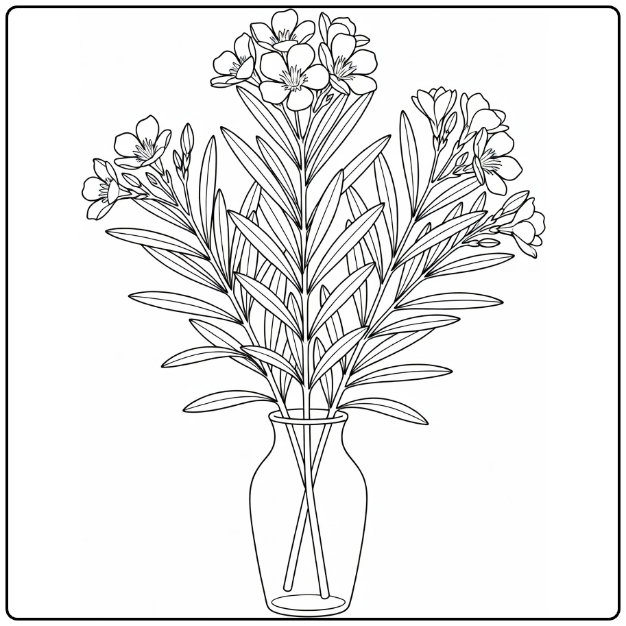 oleander kleurplaat van tak in glazen vaas met bloemen