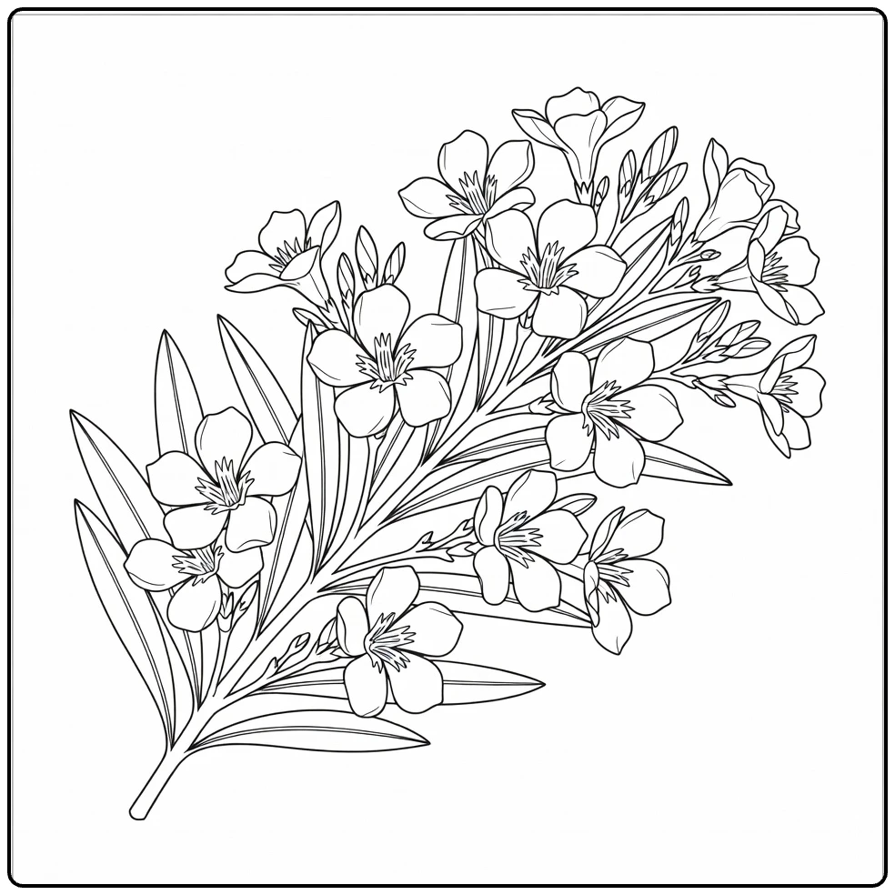 oleander kleurplaat met tak vol bloemen en knoppen