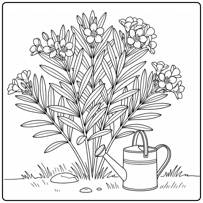 Oleander kleurplaat met bloeiende plant en gieter