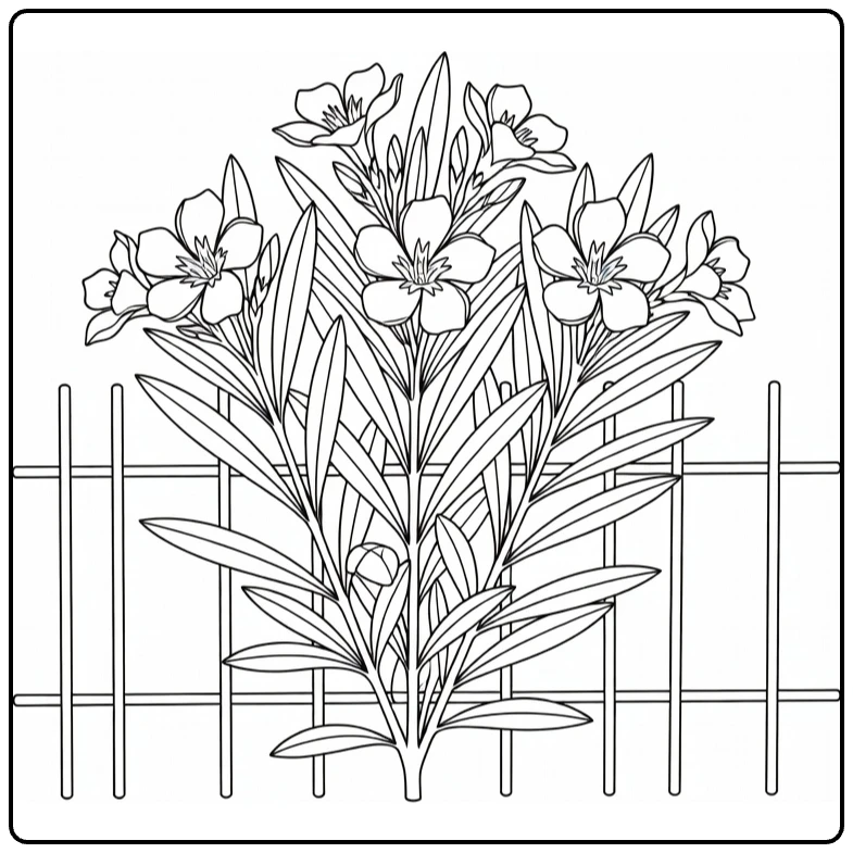 Oleander kleurplaat met plant naast tuinhek en bloemen