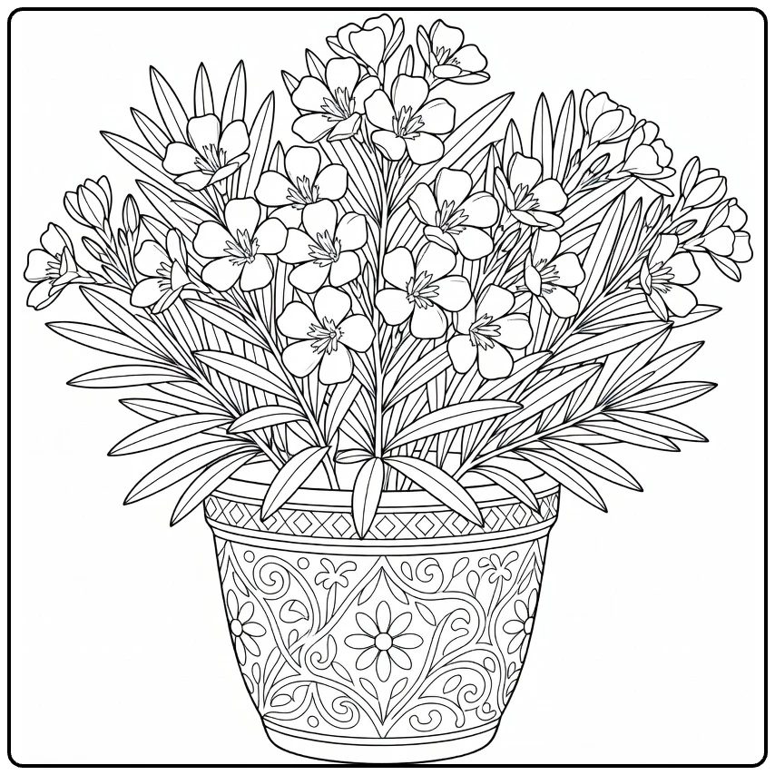 oleander kleurplaat met bloemen in keramische planter