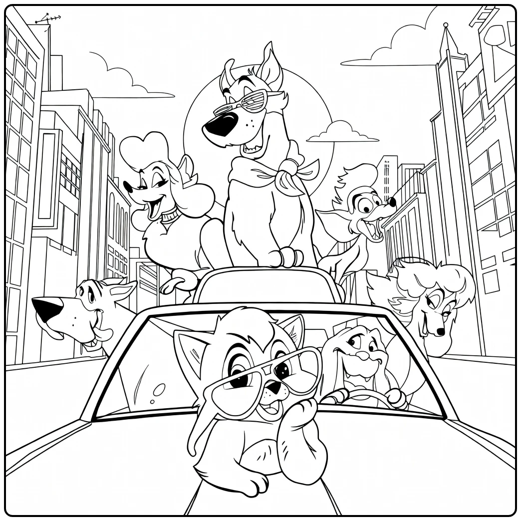 Oliver & Company Kleurplaat met kat en honden in auto