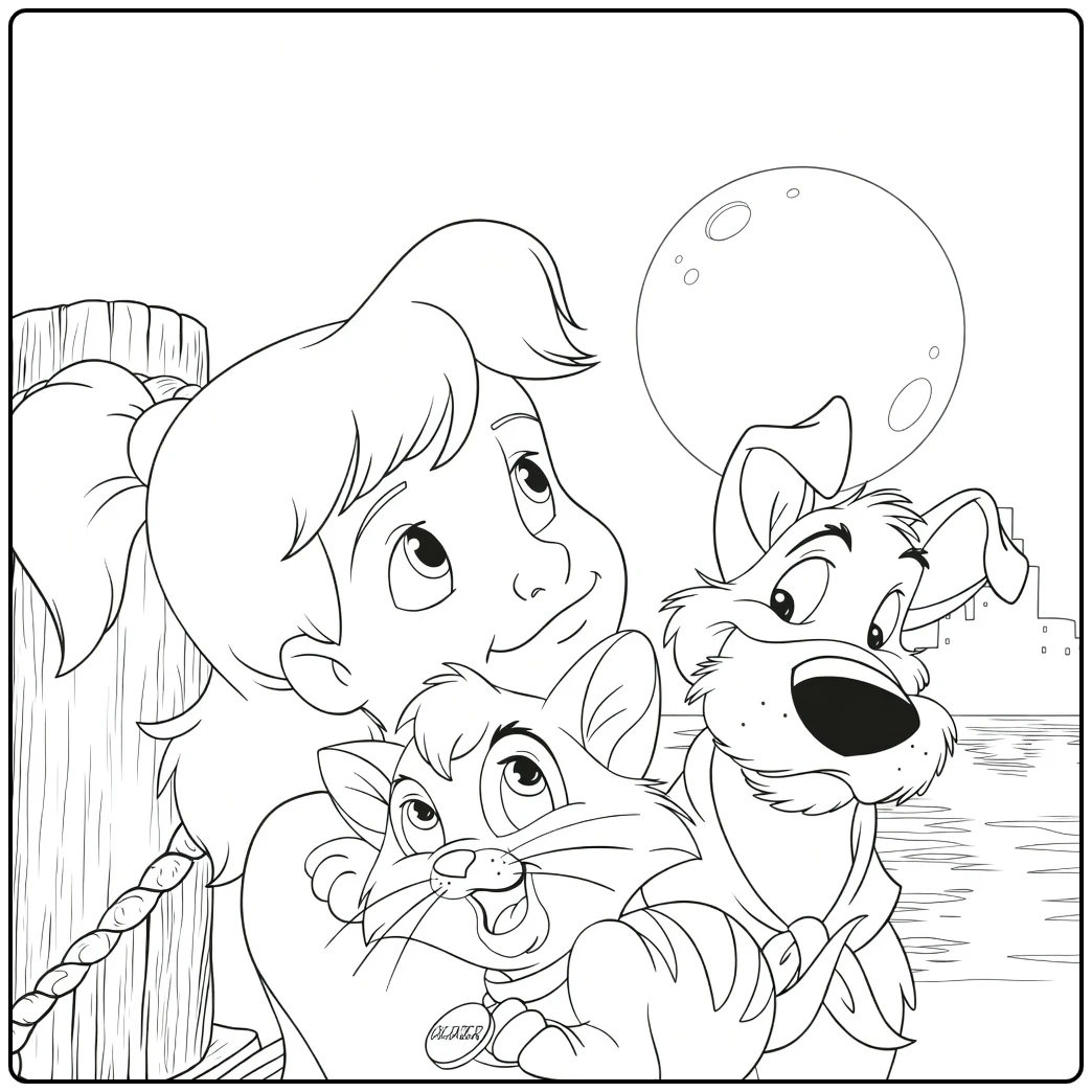 Oliver & Company Kleurplaat Jenny met kat en hond onder maan