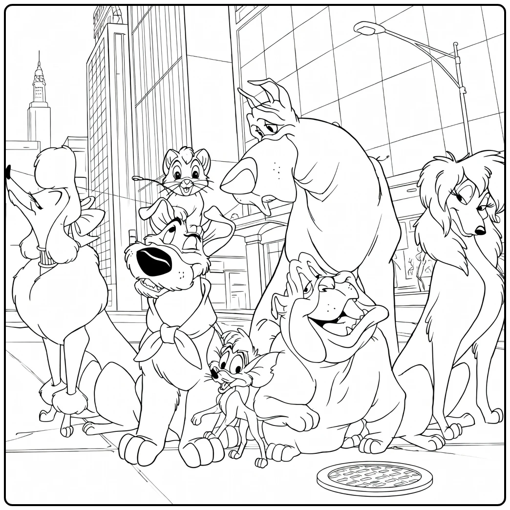 Oliver & Company Kleurplaat met honden en kat in New York